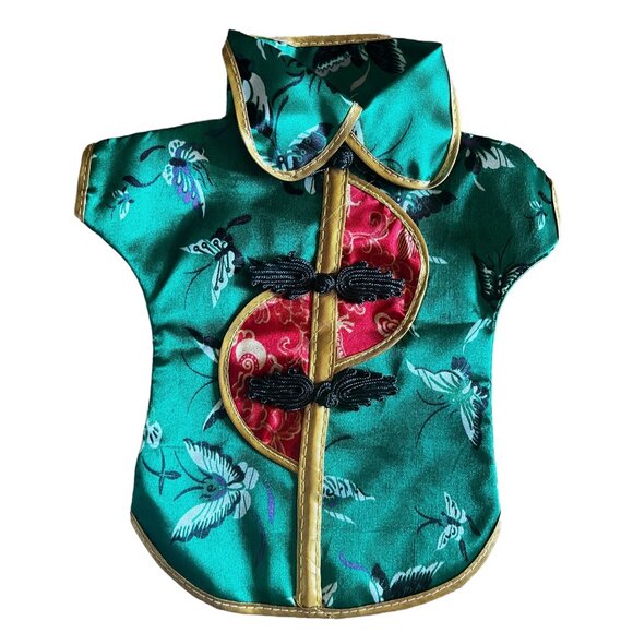 Asian Style Green Doll Dress Red Accents Faux Frog Closure - Picture 1 of 5